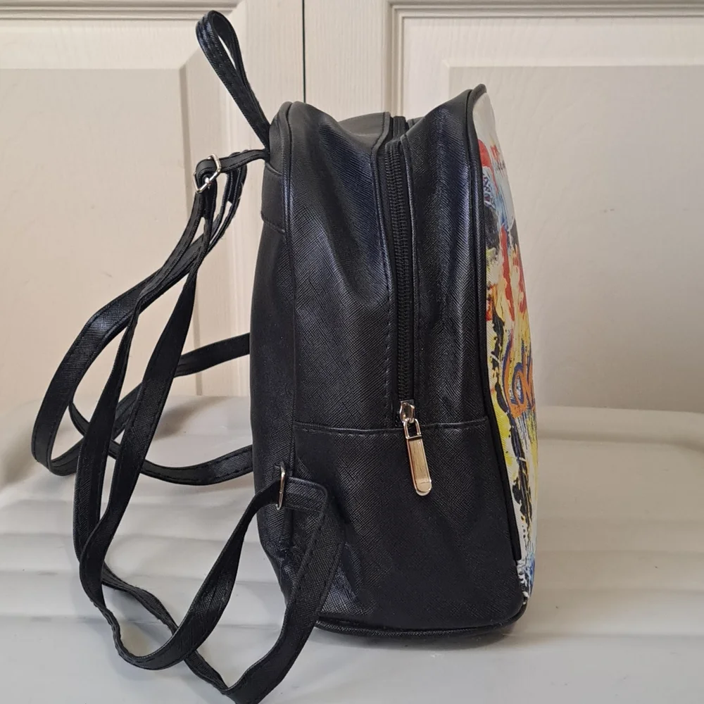 Small graffiti backpack purse - black / multi color faux leather